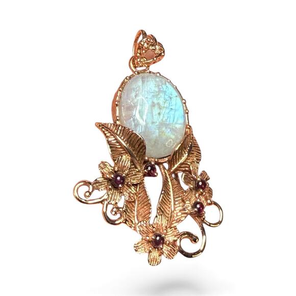 Natural Rhodolite Garnet Moonstone Pendant Necklace Solid Copper No Chain - Picture 3 of 3